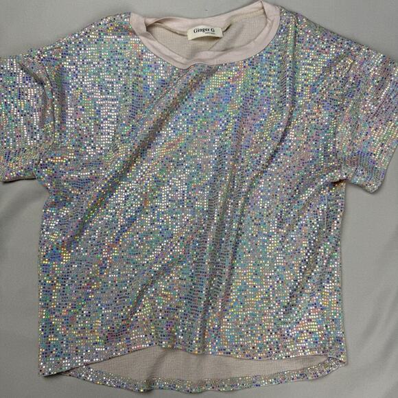 Ginger G Sequin Top Sz S Silver Metallic Rave Club Disco Glitter NYE Maximalism - Picture 3 of 9